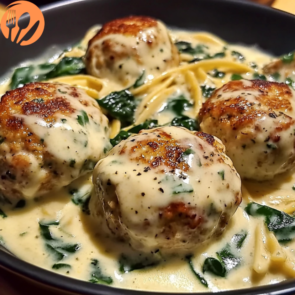 Chicken Ricotta Meatballs with Spinach Alfredo Sauce