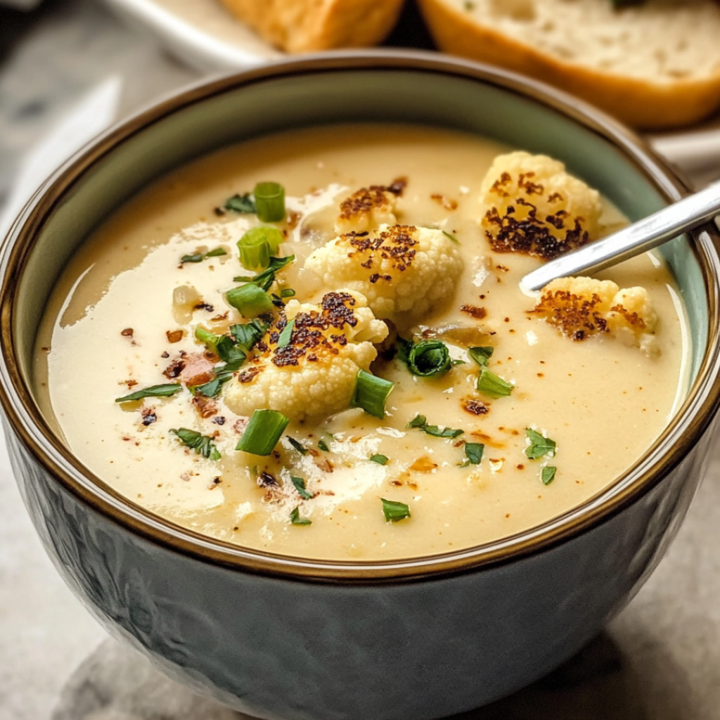 Creamy Roasted Garlic and Cheddar Cauliflower Soup