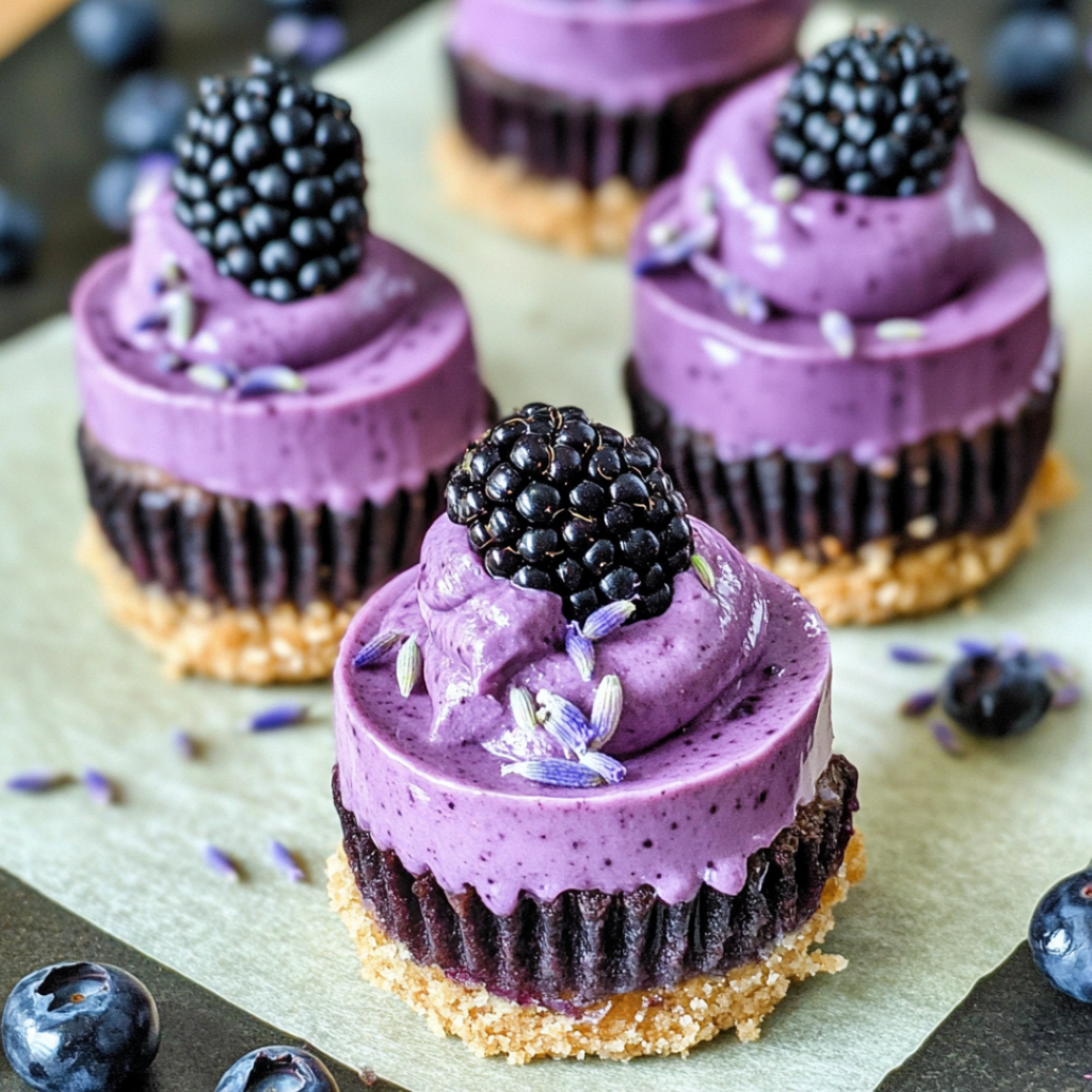 Elegant Mini Lavender Cheesecakes with Fresh Blackberry Topping