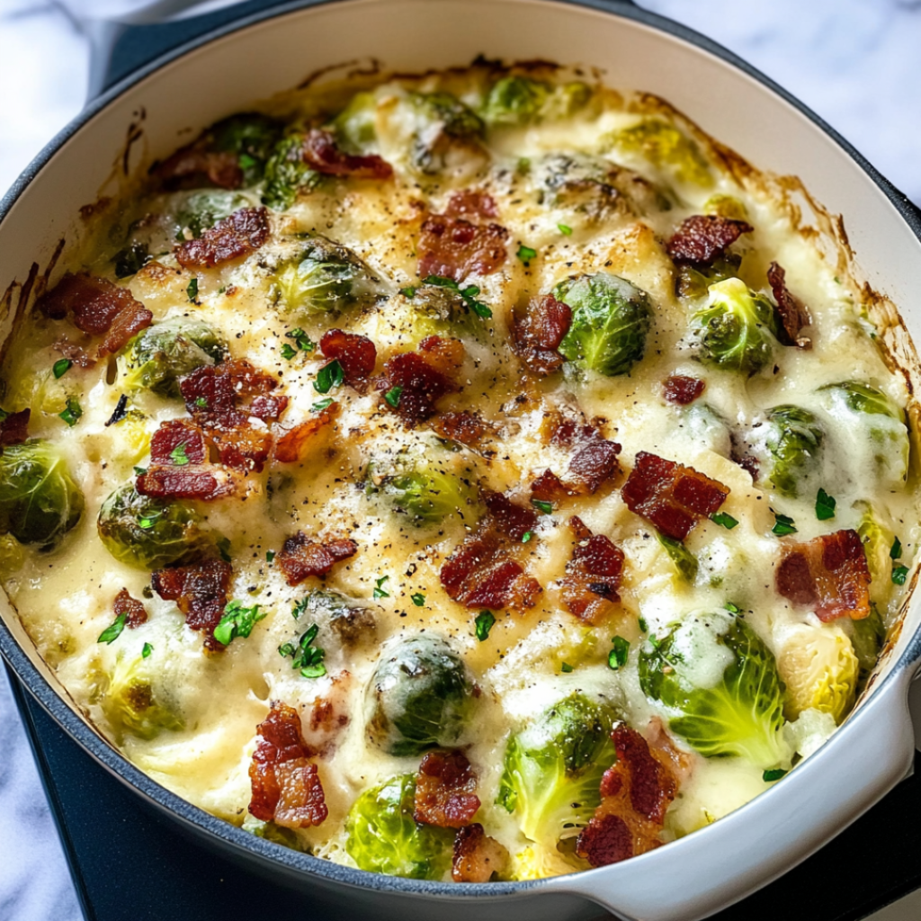 Creamy Garlic Parmesan Brussels Sprouts with Bacon