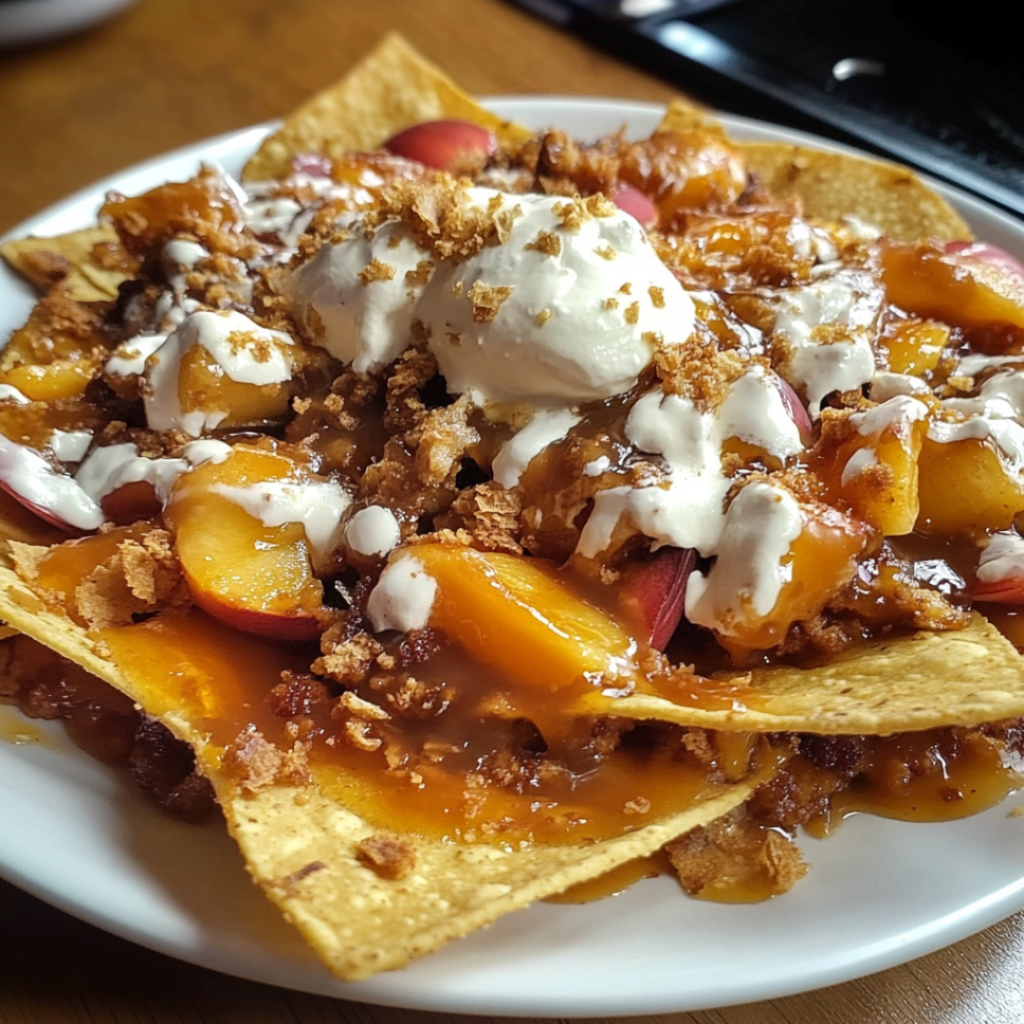 Caramel Peach Cobbler Nachos with a Crispy Twist