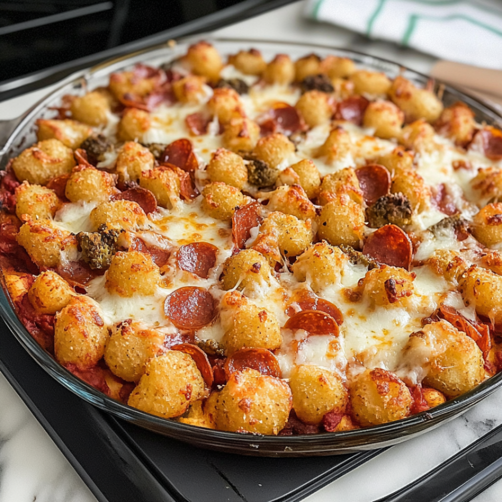 Pizza Tot Casserole with Pepperoni and Veggies