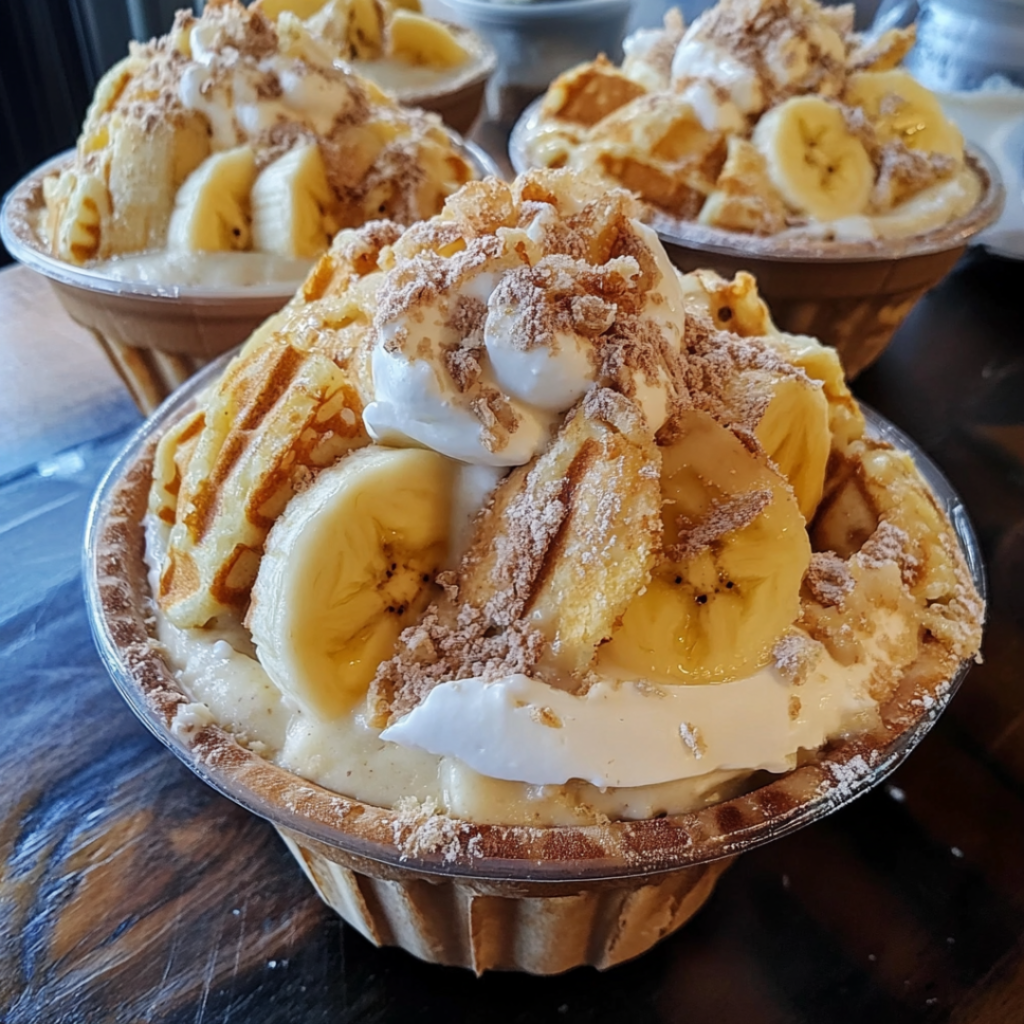 Waffle Bowls Filled with Creamy Banana Pudding